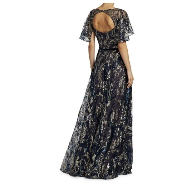 Marchesa Notte $1395 Sequins Blue Cape Sleeve Formal Gown Dress NEW Sz 2 - Picture 3 of 11